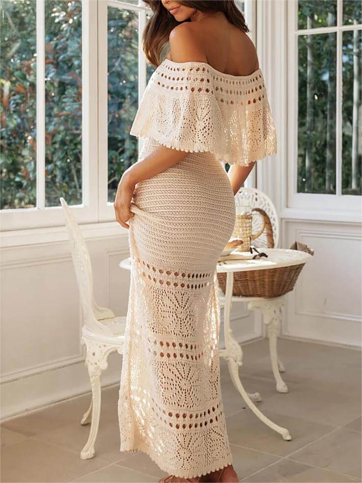 Vestidos largos ajustados de vacaciones con hombros descubiertos y crochet