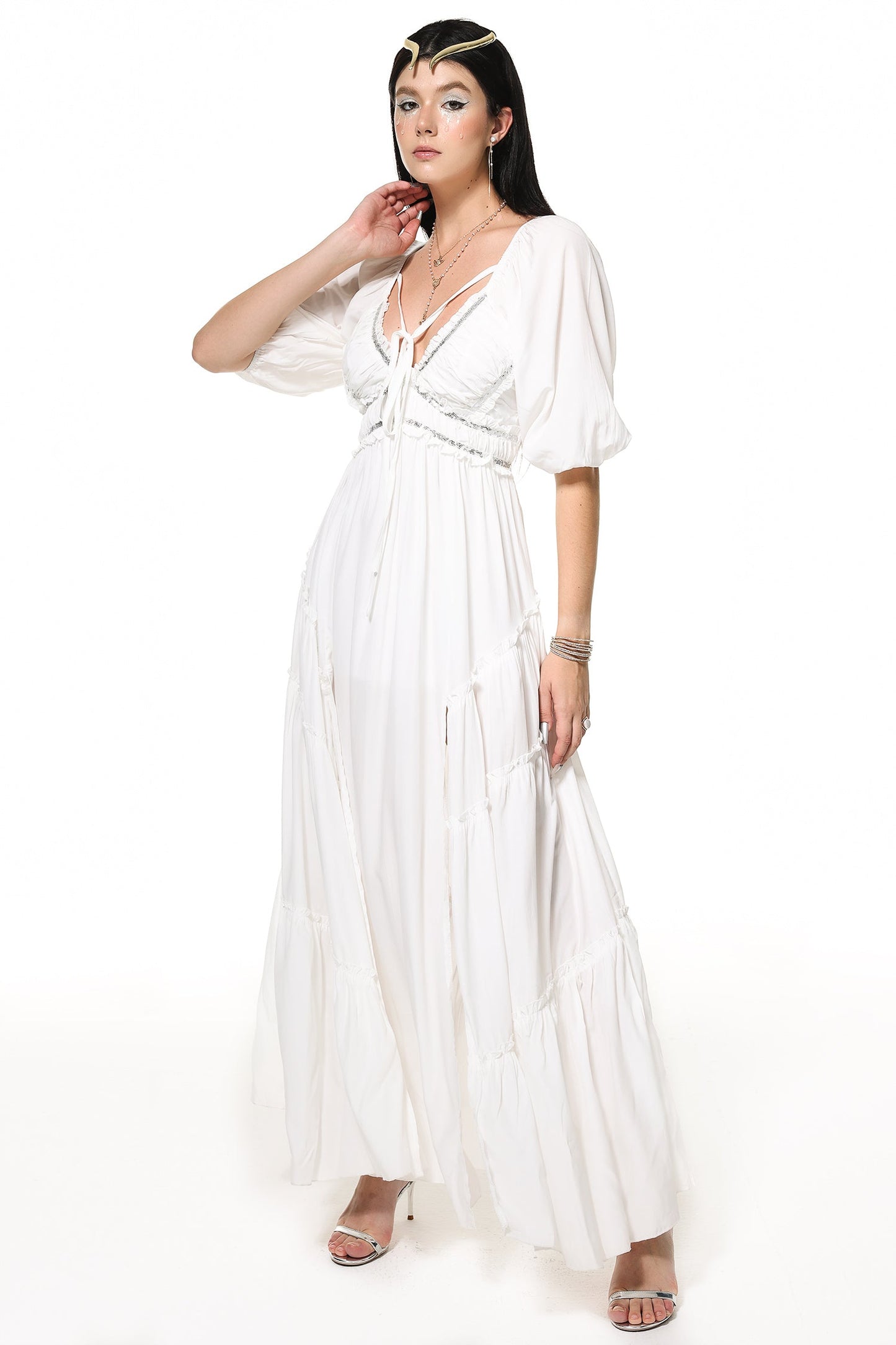 Maxikleid mit V-Ausschnitt und Schlitz Weiß