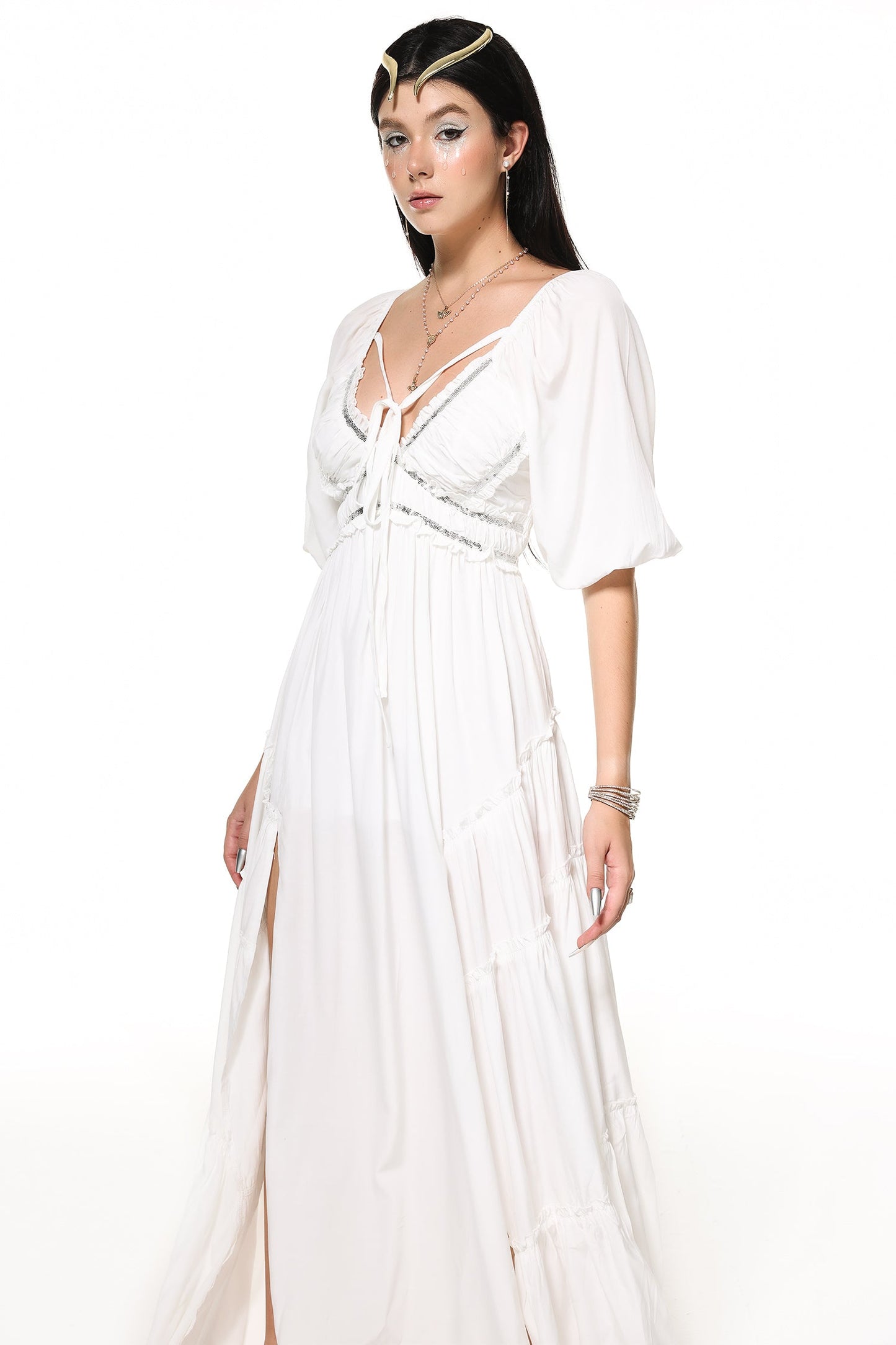 Maxikleid mit V-Ausschnitt und Schlitz Weiß