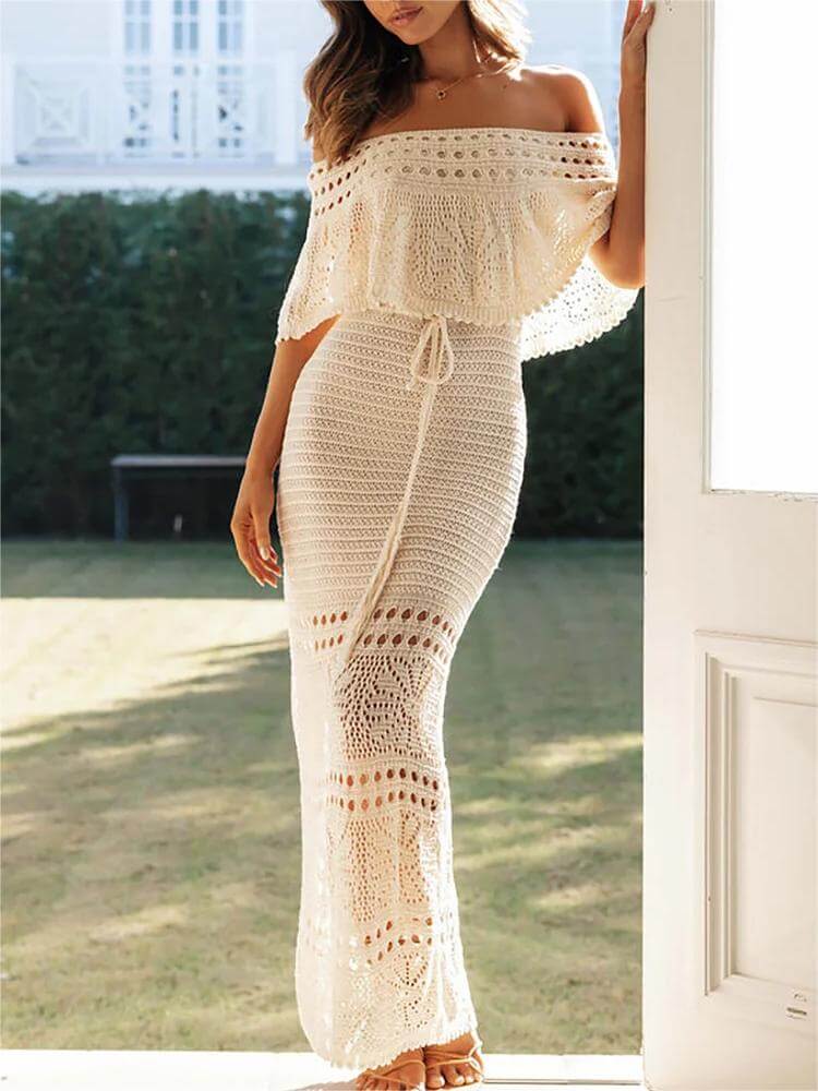 Vestidos largos ajustados de vacaciones con hombros descubiertos y crochet