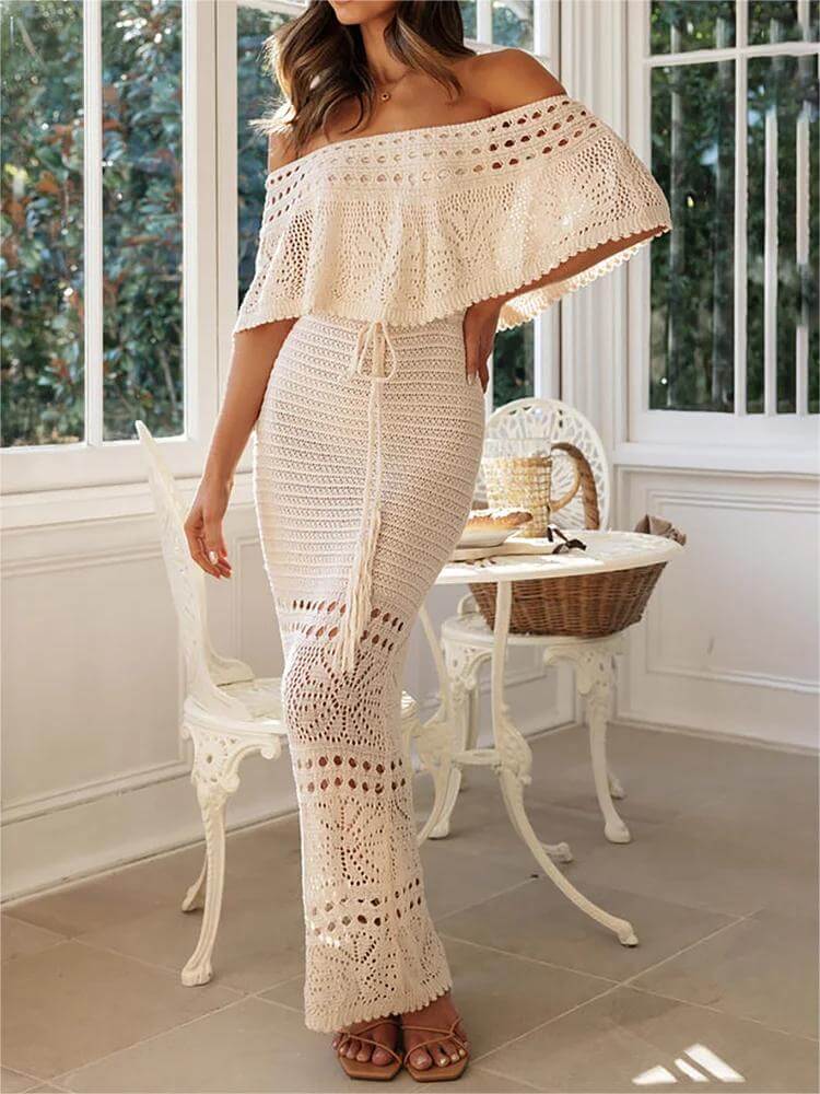 Vestidos largos ajustados de vacaciones con hombros descubiertos y crochet