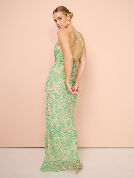 Belvedere Lace Back Bias שמלת מקסי בצבע ירוק עץ/מולטי