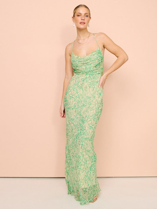 Belvedere Lace Back Bias שמלת מקסי בצבע ירוק עץ/מולטי