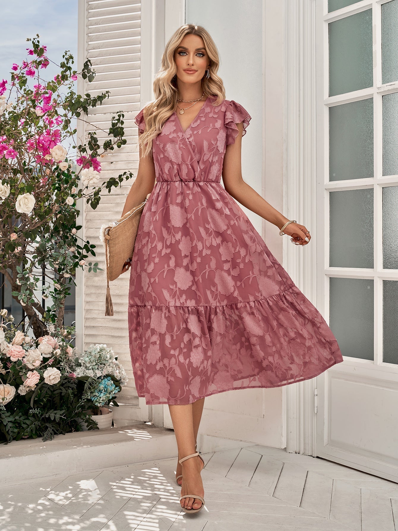 רבקה V-Neck A-Line פרחוני שרוולים רפרוף שמלת מידי