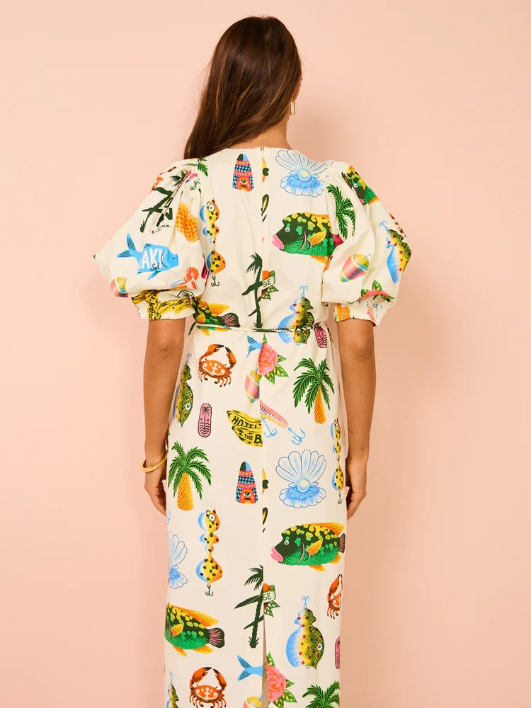 Print Puffy Sleeves Loose Casual Lace-up Midi Dress