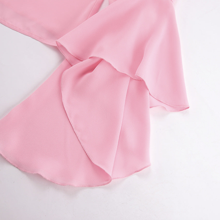 Blusa con volantes en cascada de gasa transparente y manga acampanada con cuello redondo