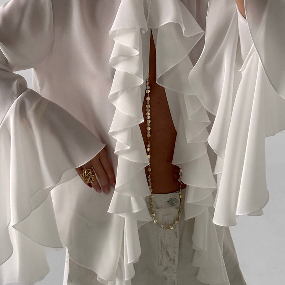 Blusa con volantes en cascada de gasa transparente y manga acampanada con cuello redondo