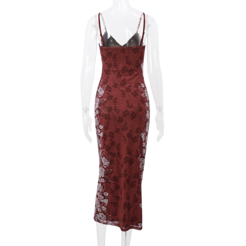 Vestido largo con cuello halter y estampado floral de gama amplia