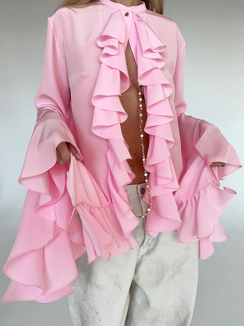 Blusa con volantes en cascada de gasa transparente y manga acampanada con cuello redondo