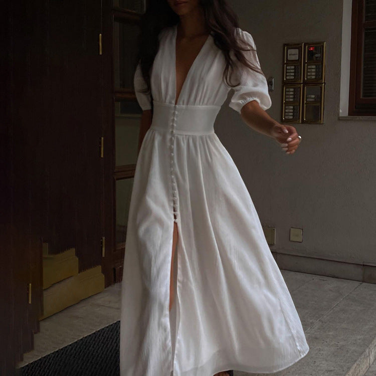 שמלת מקסי Slit Slit Slim Fit עם שרוול נפוח עמוק V