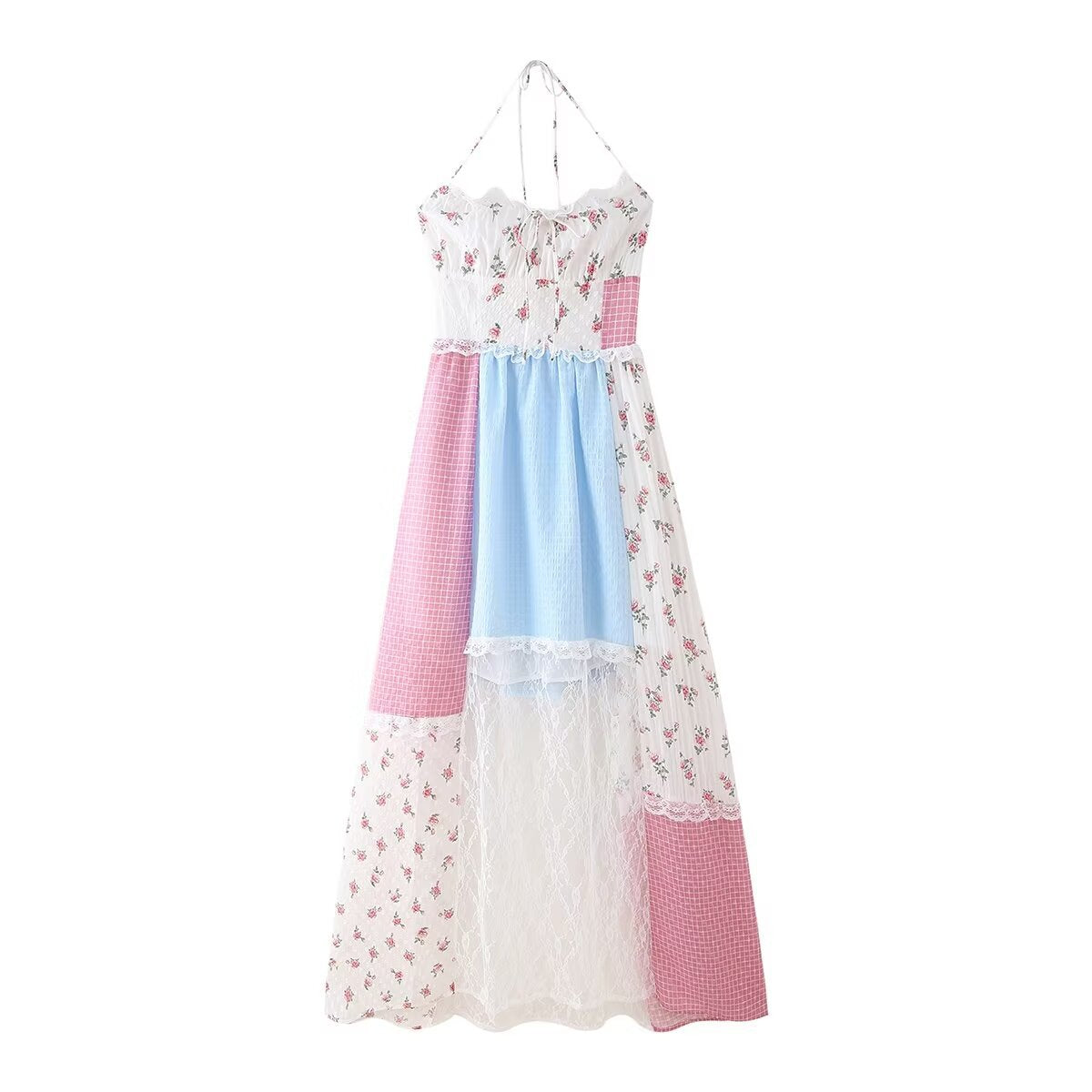 Vestido largo con cordones y estampado floral de encaje