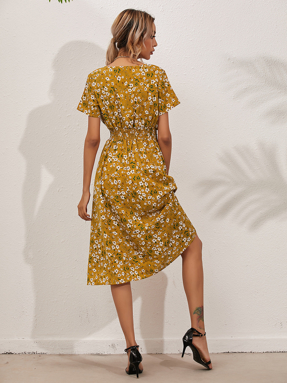 Vestidos Midi De Manga Corta Florales Pequeños Casuales De Moda