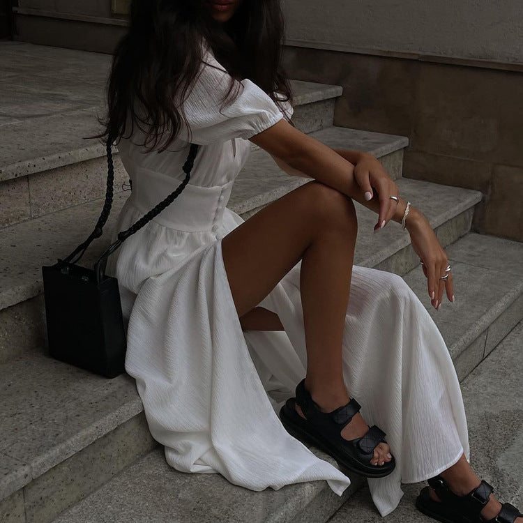 שמלת מקסי Slit Slit Slim Fit עם שרוול נפוח עמוק V