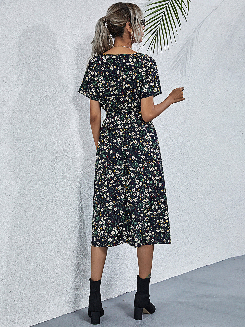 Vestidos Midi De Manga Corta Florales Pequeños Casuales De Moda