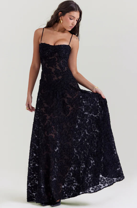 Vestido Maxi Floral Preto com Renda nas Costas