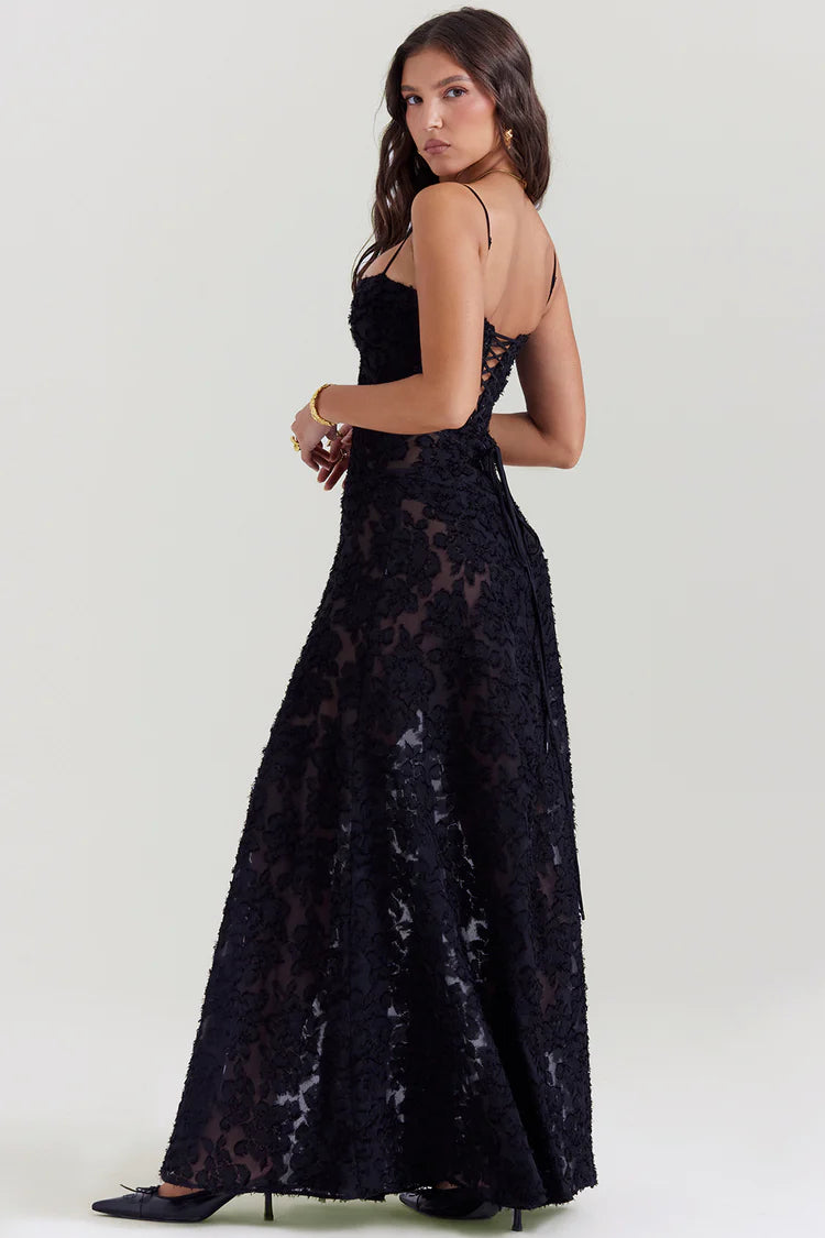 Vestido Maxi Floral Preto com Renda nas Costas