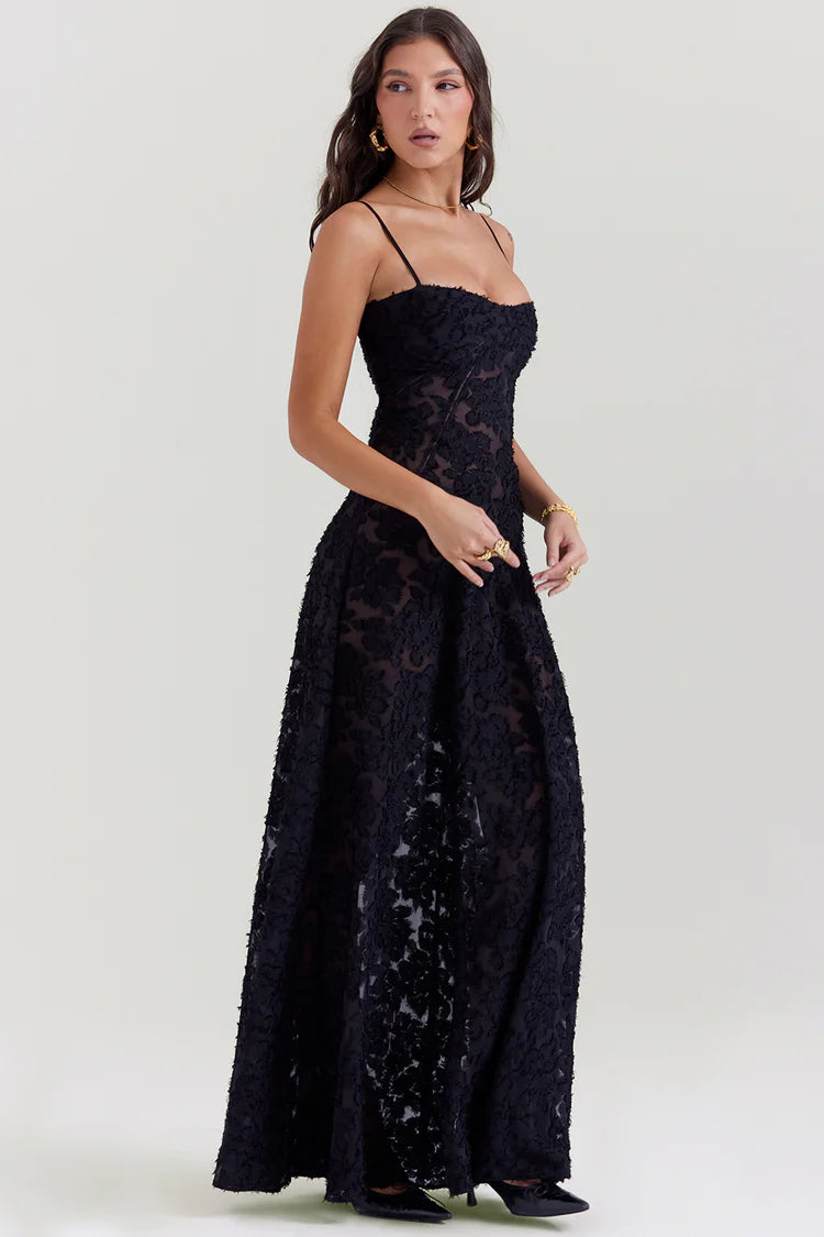 Vestido Maxi Floral Preto com Renda nas Costas