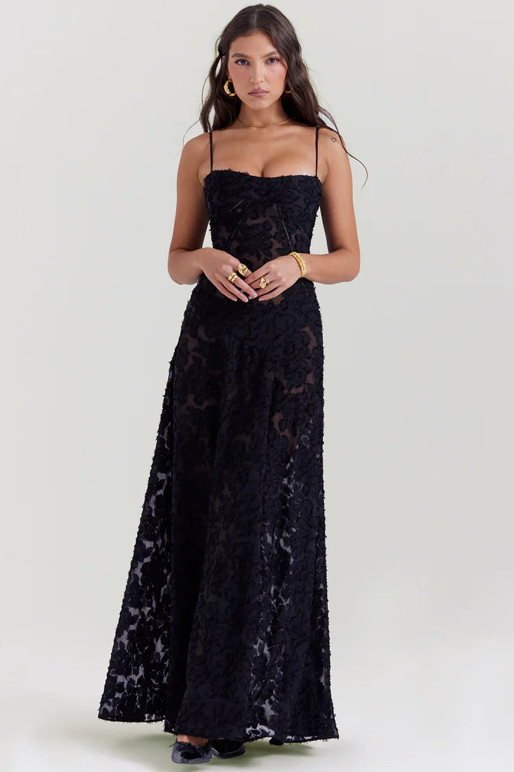 Vestido Maxi Floral Preto com Renda nas Costas