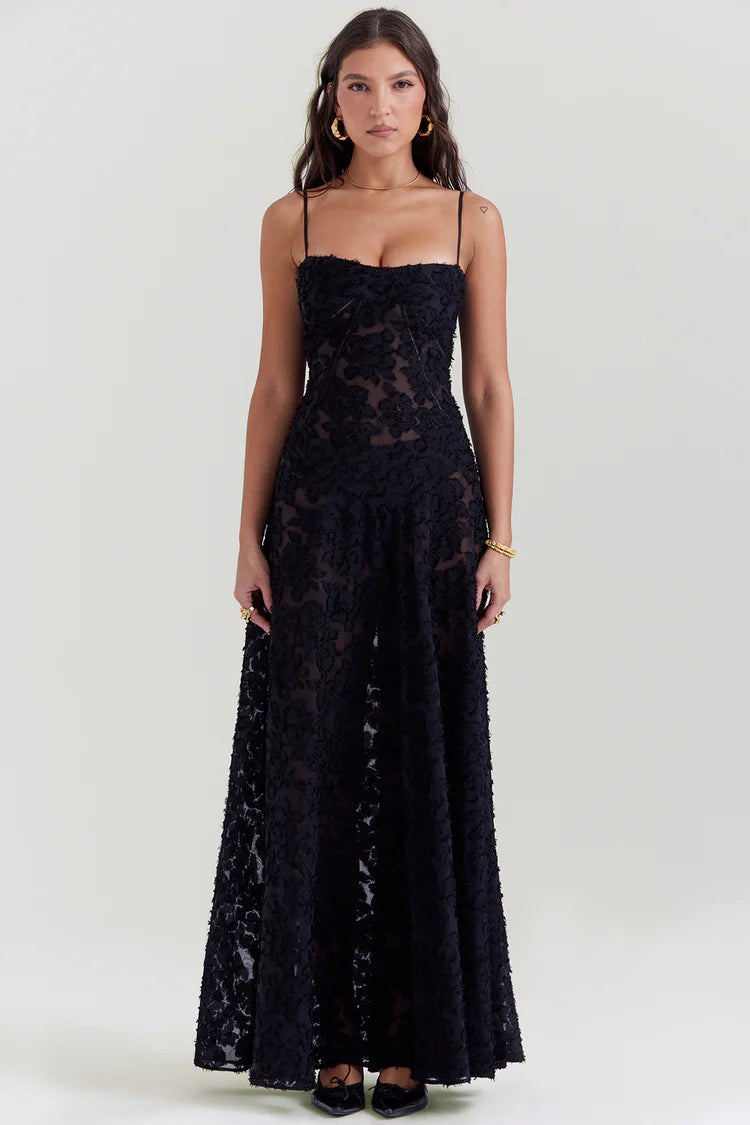 Vestido Maxi Floral Preto com Renda nas Costas
