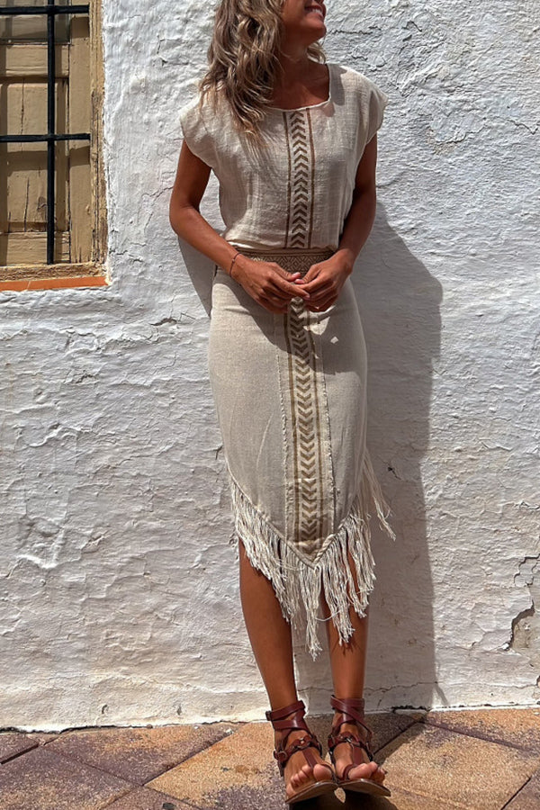Chill Style – Midi-Wickelrock aus Leinenmischung mit Ethno-Print und Quaste
