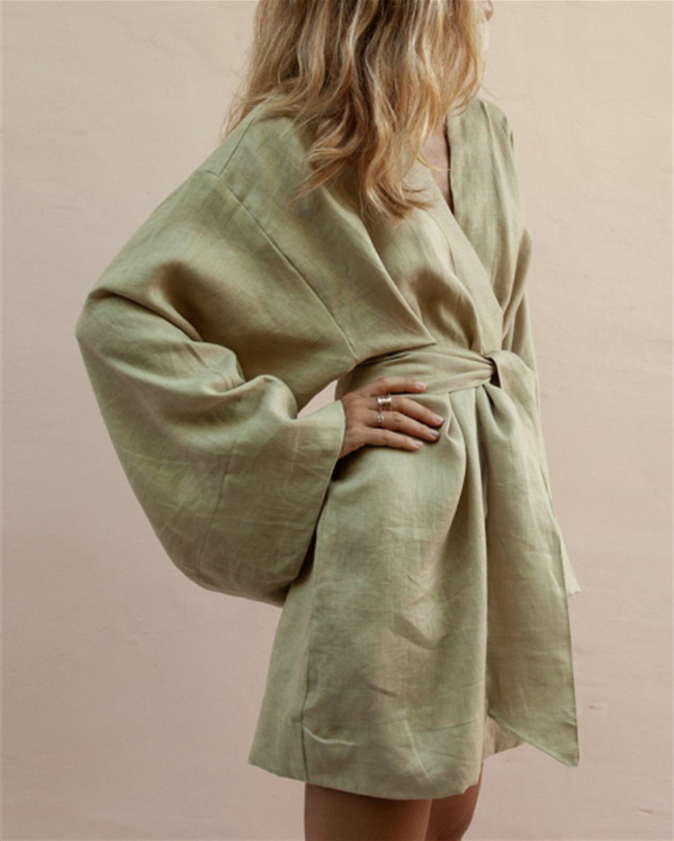 Vestido casual de lino y algodón tipo kimono