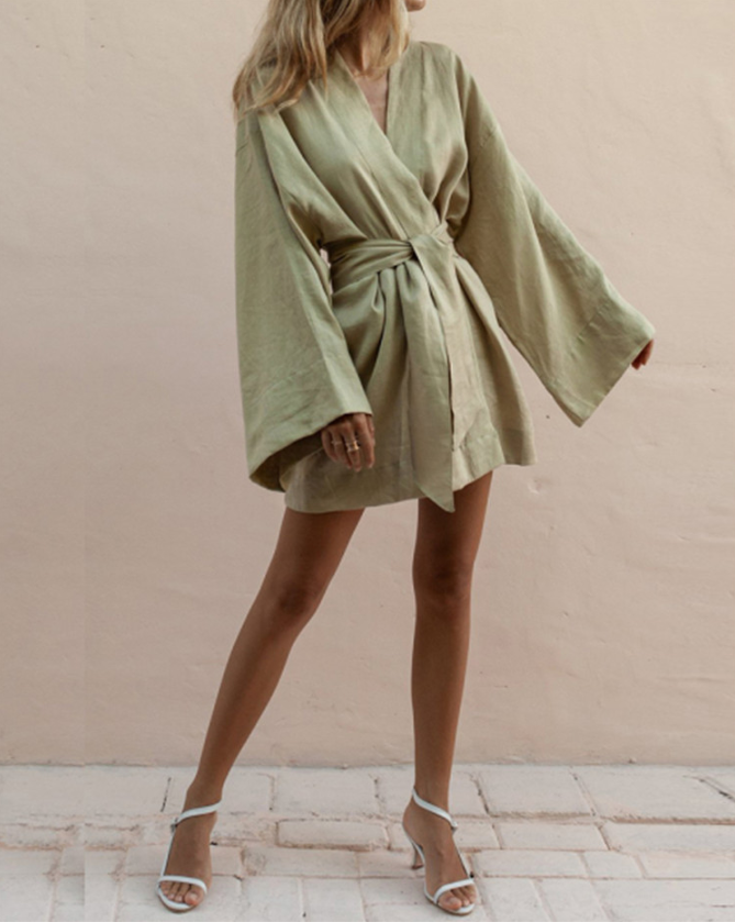 Vestido casual de lino y algodón tipo kimono
