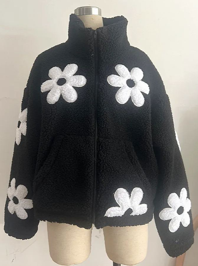 ジッパー ラペル プラッシュ フラワー ジャケット