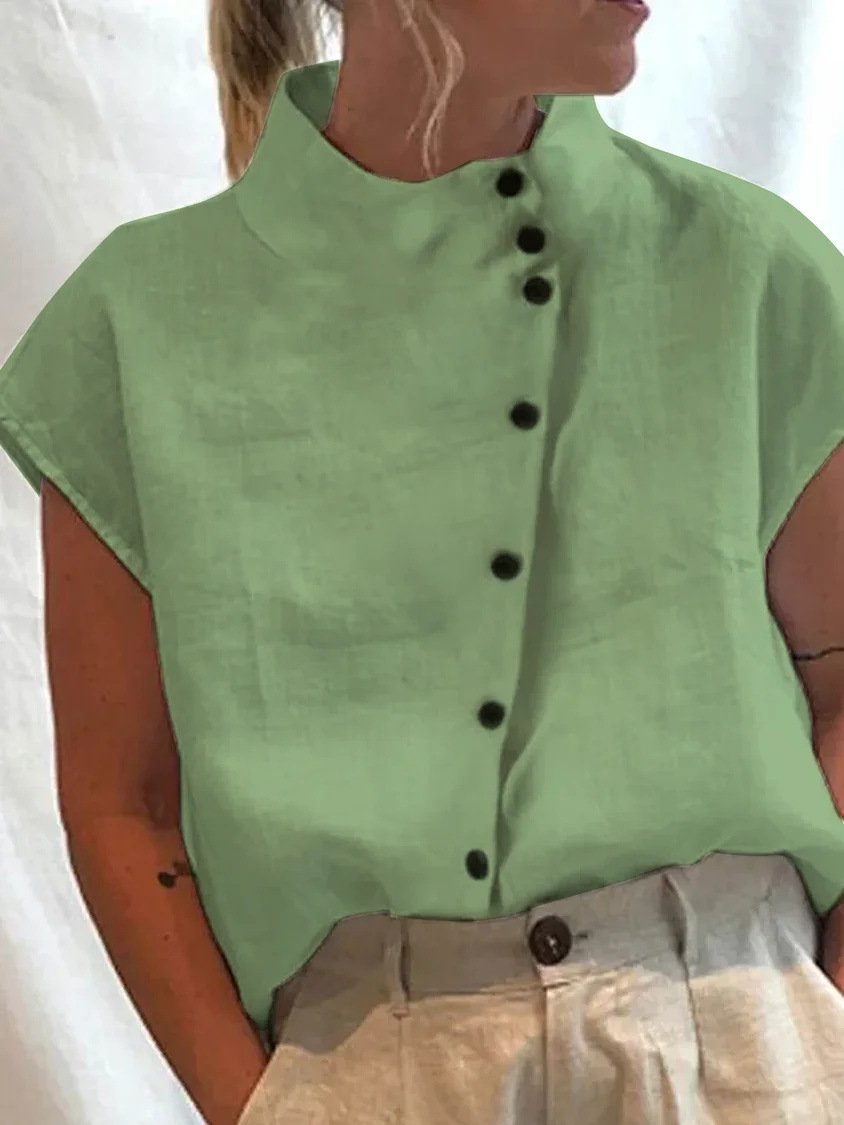 Top casual con cuello levantado y botones de lino y algodón