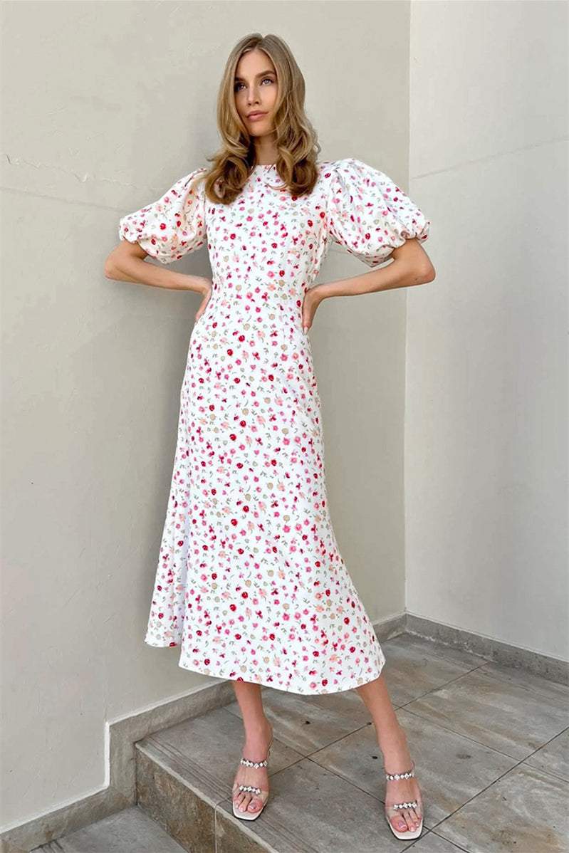 Robe mi-longue imprimée à manches bouffantes, col rond, taille ajustée
