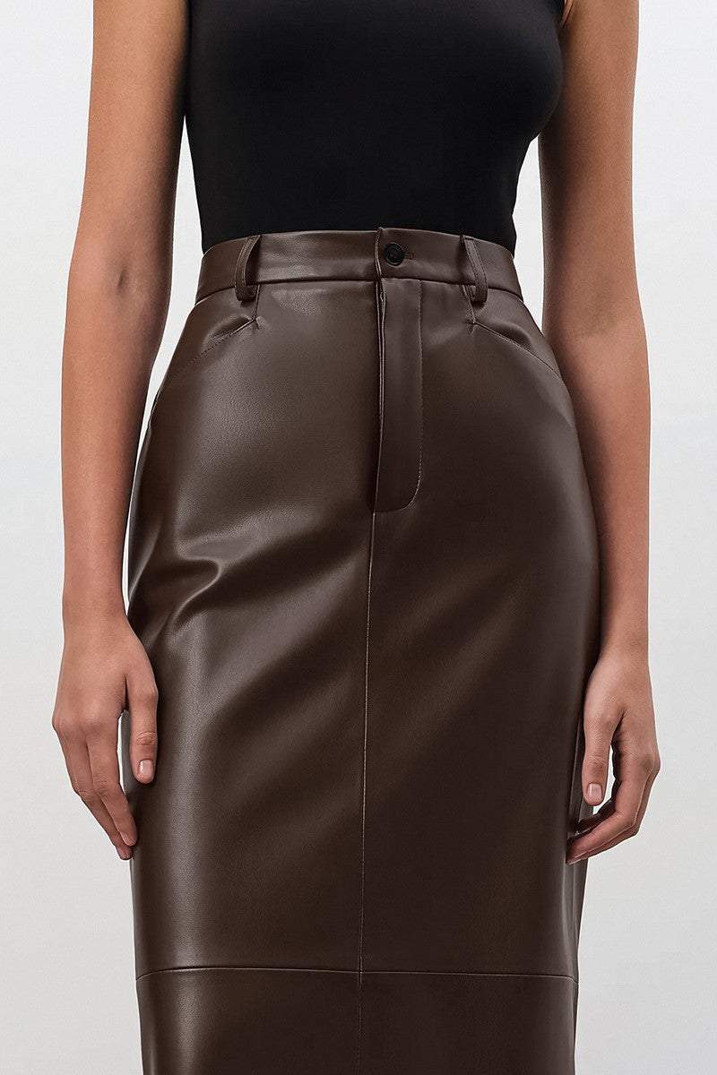 Jupe longue marron taille mi-longue en cuir synthétique