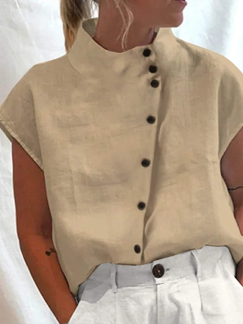 Top casual con cuello levantado y botones de lino y algodón