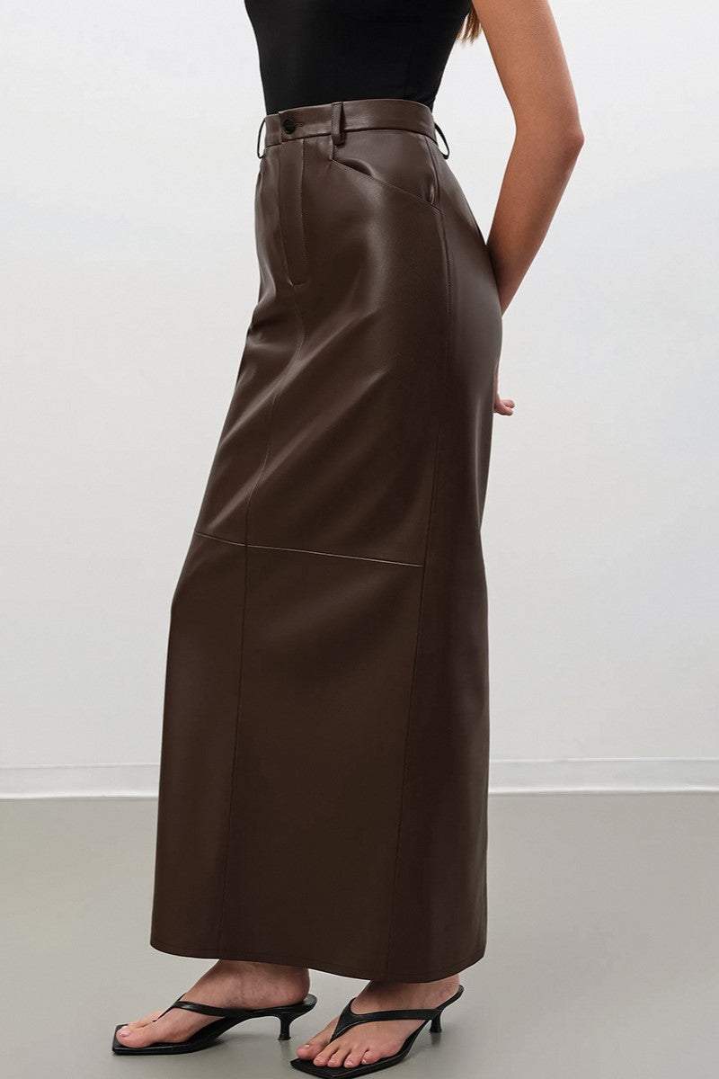 Jupe longue marron taille mi-longue en cuir synthétique