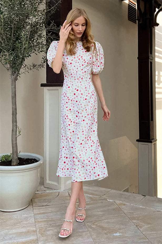 Robe mi-longue imprimée à manches bouffantes, col rond, taille ajustée