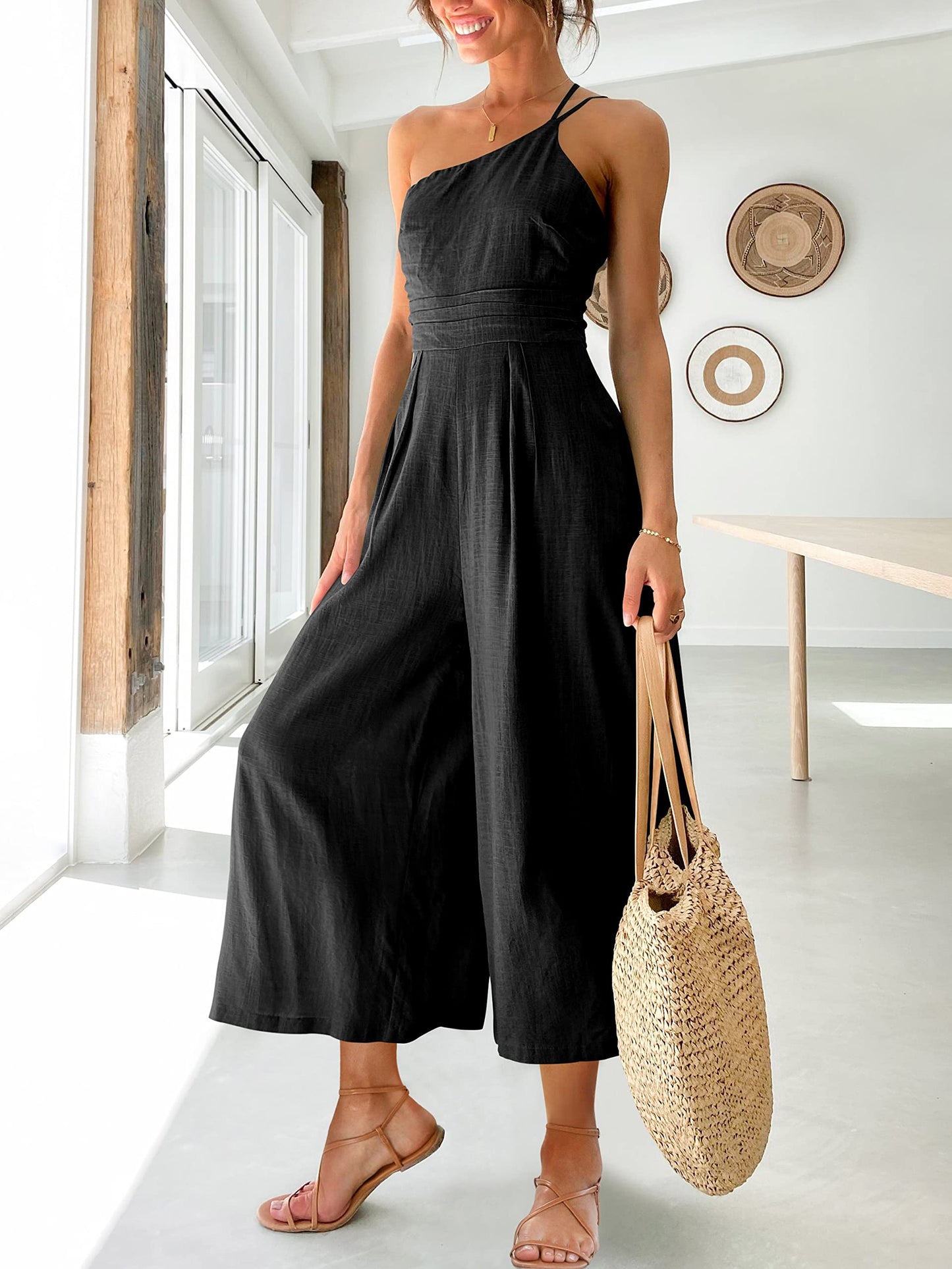 Zomerse damesjumpsuit met veters, één schouder, geplooide hoge taille, casual wijde pijpen en zak