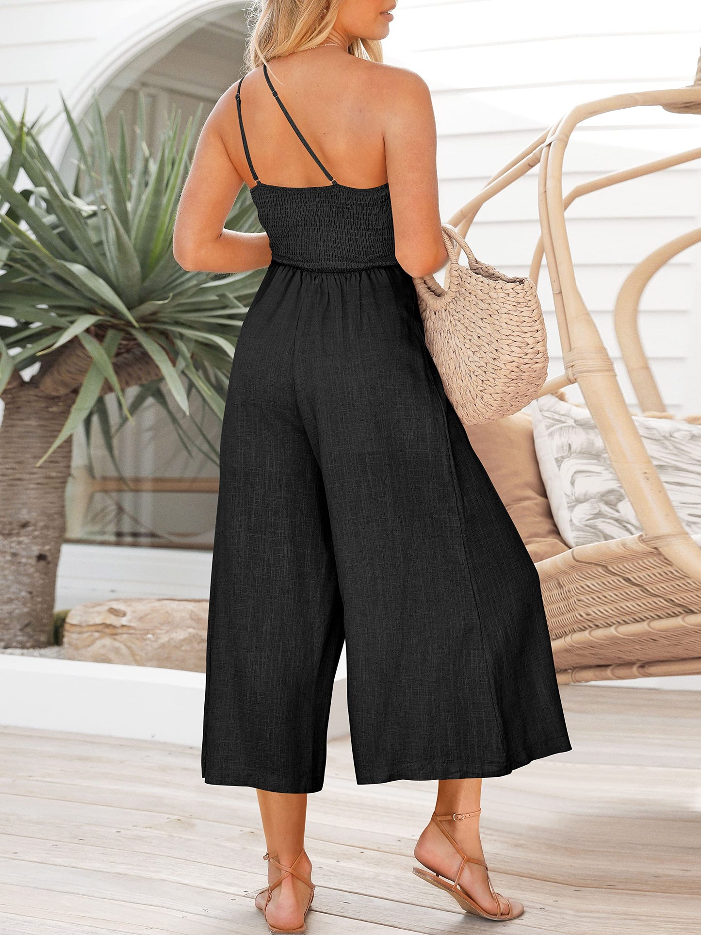 Zomerse damesjumpsuit met veters, één schouder, geplooide hoge taille, casual wijde pijpen en zak