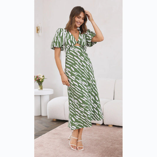 Abito midi a trapezio con scollo a V stampato