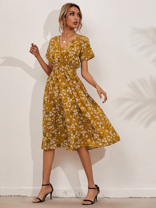 Vestidos Midi De Manga Corta Florales Pequeños Casuales De Moda