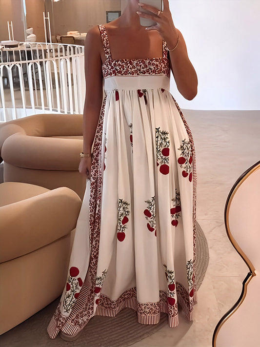 Vestido largo con estampado floral y paneles con cuello cuadrado
