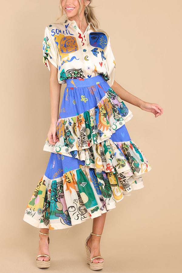 Saia midi em camadas com babados irregulares com estampa exclusiva Sandy Sunshine