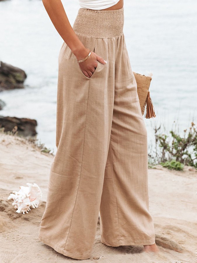 Lässige Hose mit hoher Taille für Damen, einfarbig, lockere Hose aus Baumwollleinen mit weitem Bein 