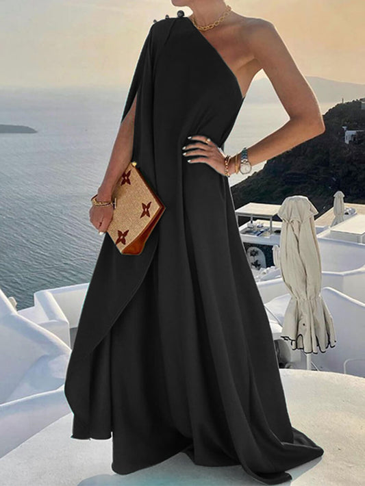 Vestido maxi suelto de un hombro de color sólido de moda