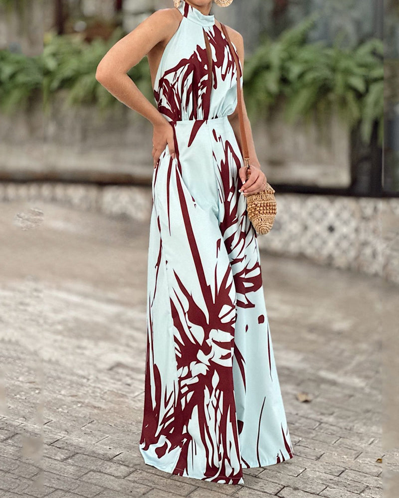 Mono casual estampado con espalda abierta y cuello halter