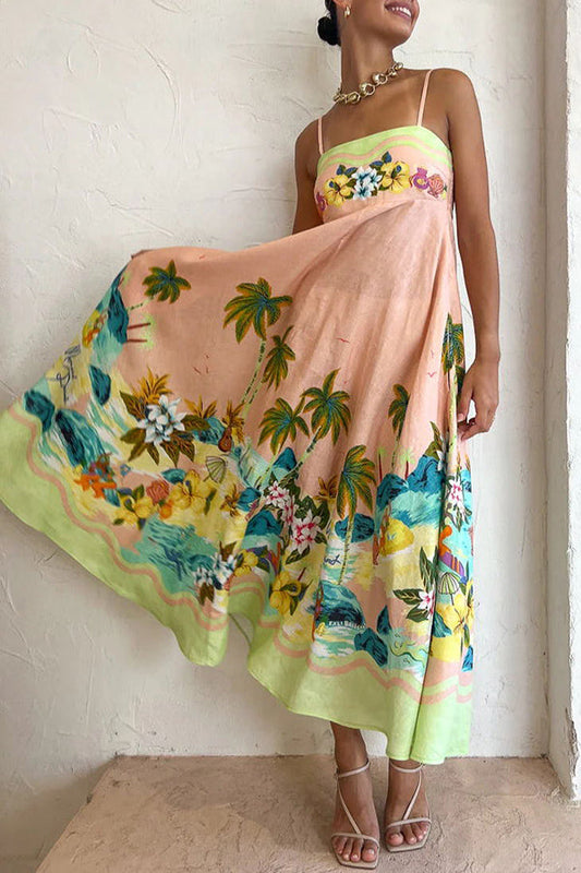 Vestido midi con espalda fruncida y estampado tropical en mezcla de lino con paisaje de coco