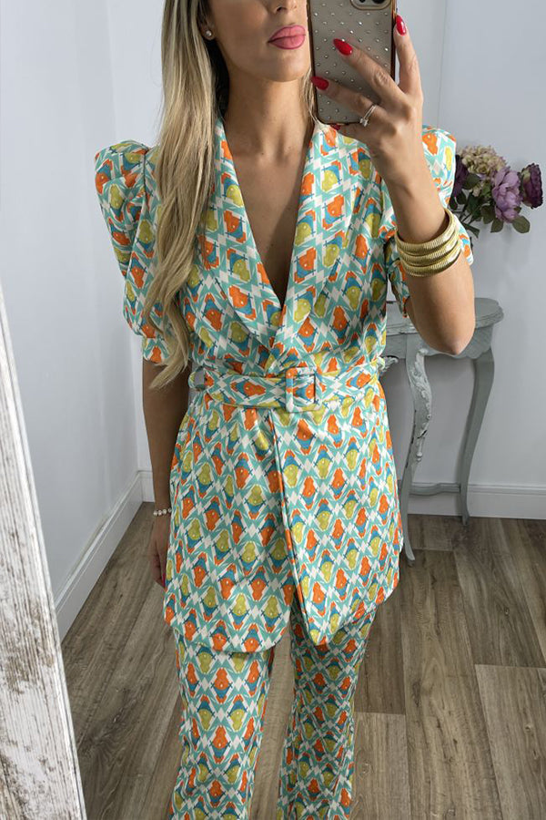 ADARA Fashion طقم سروال قصير بأكمام منتفخة ورقبة على شكل حرف V
