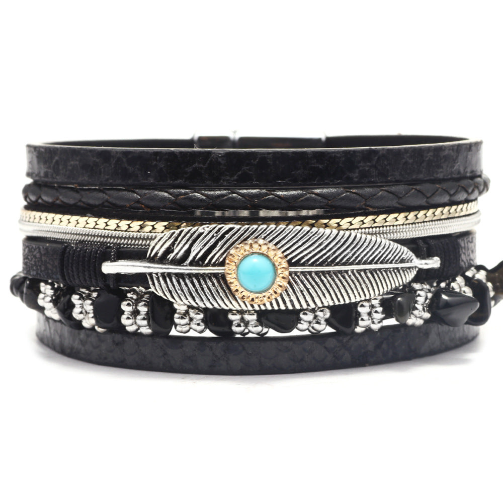 Pulsera de plumas Anillo de muñeca Pulsera de cuero multicapa de grava