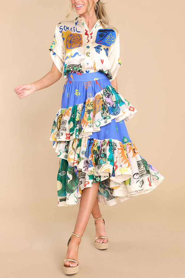 Saia midi em camadas com babados irregulares com estampa exclusiva Sandy Sunshine
