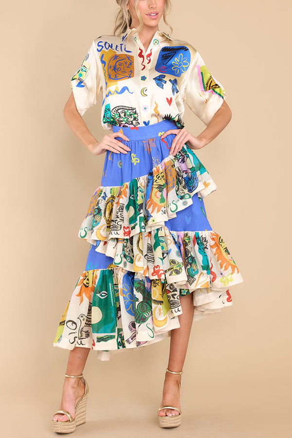 Saia midi em camadas com babados irregulares com estampa exclusiva Sandy Sunshine
