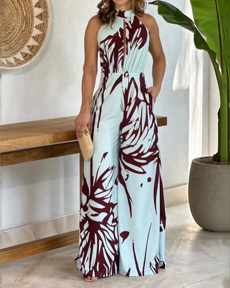 Mono casual estampado con espalda abierta y cuello halter