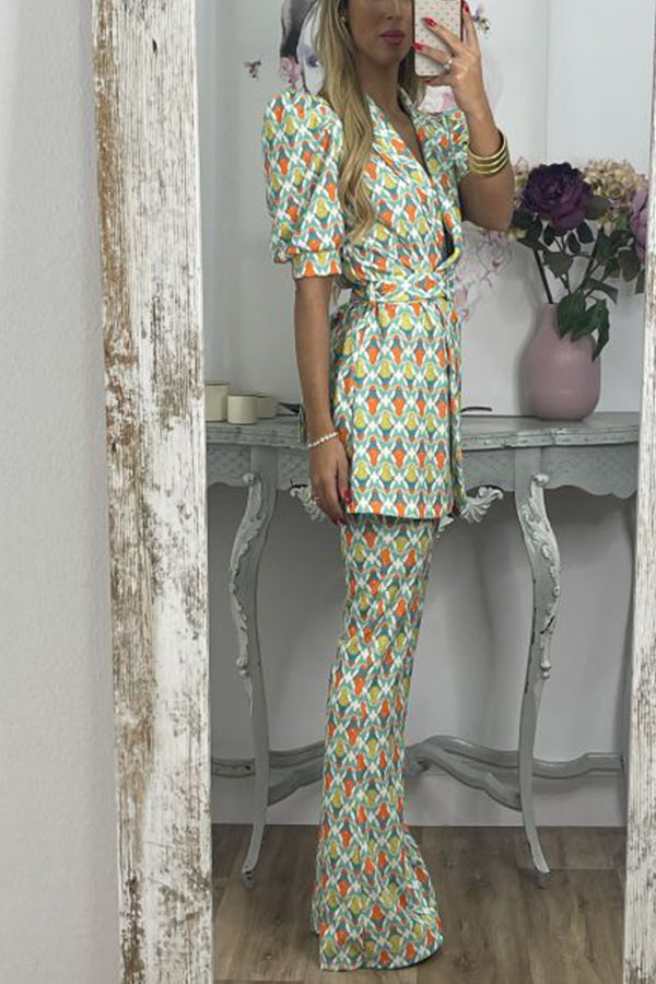 ADARA Fashion طقم سروال قصير بأكمام منتفخة ورقبة على شكل حرف V