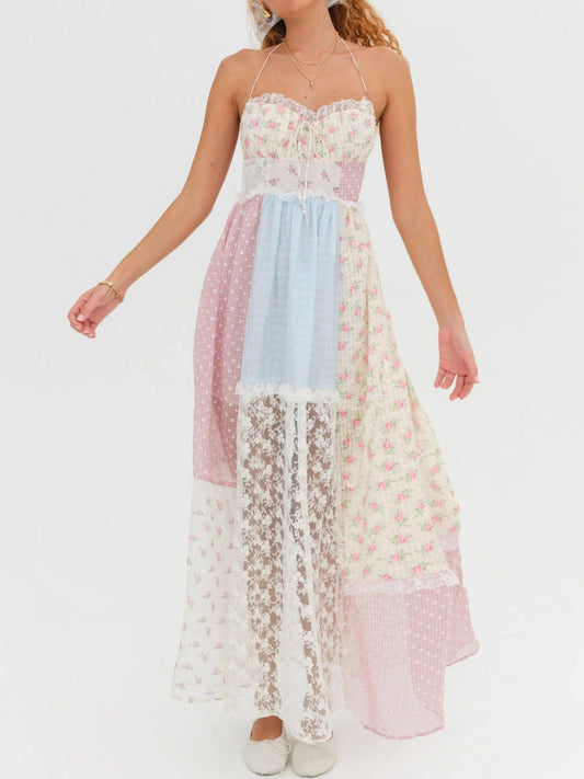 Vestido largo con cordones y estampado floral de encaje